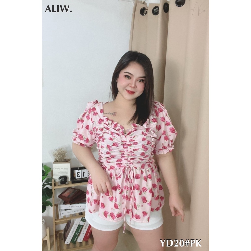 PLUS SIZE TOP [PUFF SLEEVE FLORAL DESIGN STRETCHABLE TOP] YD20PK เสื้อยืดแขนสั้นแบบยืดไสลด์ได้] YD20