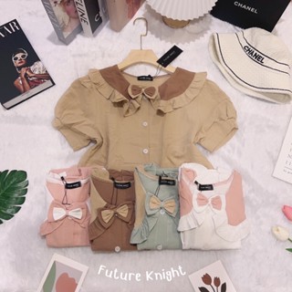 FK🎀พร้อมส่ง🎀 เสื้อเชิ้ต คอบัวระบาย แต่งโบว์ แขนสั้น ผ้าลินิน