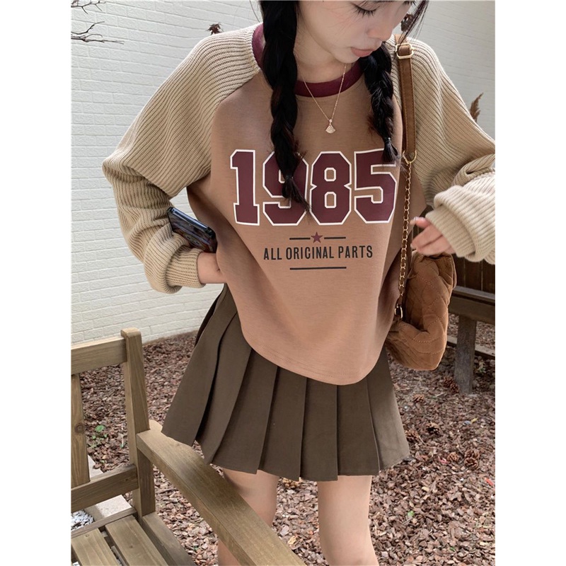 พร้อมส่ง เสื้อกันหนาว แขนยาว พิมพ์ลายตัวอักษร ทรงหลวม สีกาแฟ สําหรับผู้หญิง