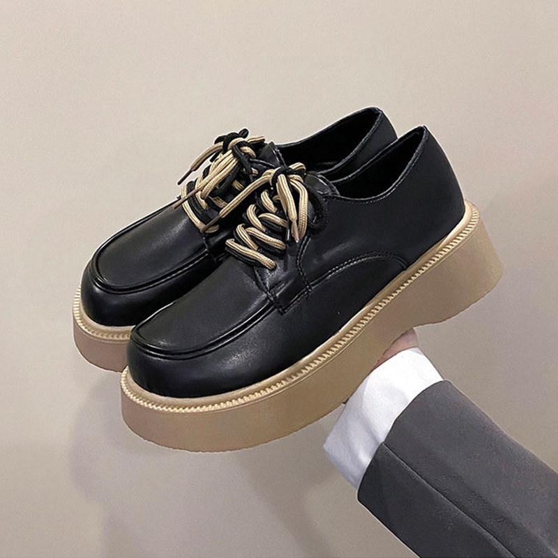 ⚡พร้อมส่ง⚡รองเท้าหนังผู้หญิงพื้นหนาผูกเชือกหัวกลมสวมใส่สบายสไตล์อังกฤษ