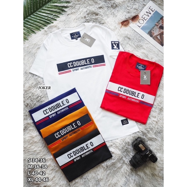 มาแรง เสื้อยืดแขนสั้นคอกลมปักแถบ Cc double O พร้อมส่ง