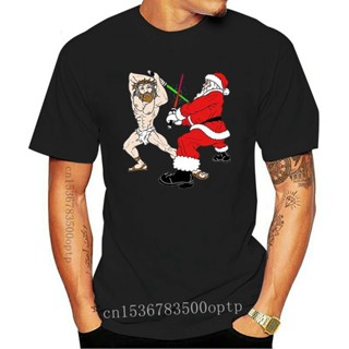 เสื้อยืดผ้าฝ้าย เสื้อยืดคริสต์มาสSanta Vs Jesus Life Savers Swords Fighting Funny Christma T Shirt