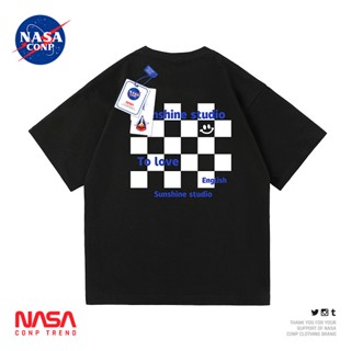 2023 เว็บไซต์อย่างเป็นทางการของ NASA co-branded ตารางหมากรุกยิ้มเสื้อยืดแขนสั้นฤดูร้อนอเมริกันเสื้อผ้าหลวม ๆ คู่_45