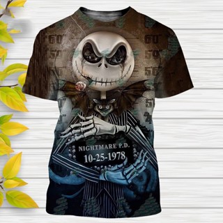 เสื้อยืดแขนสั้นลําลอง พิมพ์ลายการ์ตูนดิสนีย์ The Nightmare Before Christmas 3 มิติ สไตล์สตรีท เหมาะกับฤดูร้อน สําหรับผู้ชาย และผู้หญิง