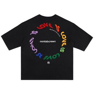 Mmlabcrew เสื้อยืดคอกลม แขนสั้น ผ้าฝ้าย ทรงหลวม ลาย LOVE IS LOVE LIMITED สีขาว ดํา