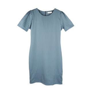 Dress Code เดรสแขนสั้นคอกลมลายริ้ว | Short Sleeve Striped Dress ชุดเดรสทำงาน สีฟ้าอมเทา