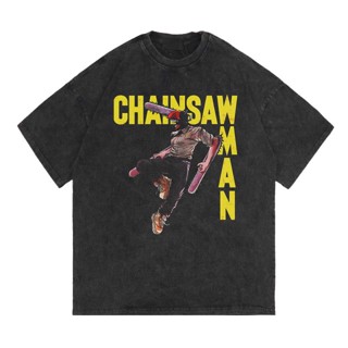 เสื้อสีขาว เสื้อยืด ขนาดใหญ่ พิมพ์ลายการ์ตูนอนิเมะ Chainsaw Man Denji สําหรับผู้ชายเสื้อยืด_16