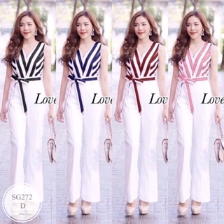 ML272 Jumpsuit จั้มสูทแขนกุด มาแบบเรียบๆ ช่วงบนแต่งลายริ้ว ตัดเย็บด้วยผ้าโฟร์เวย์ ช่วงกางเกงเป็นผ้าซาร่าสีพื้น ตัวจั้มเอ