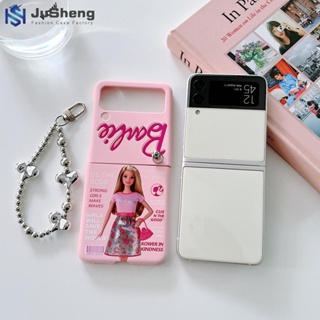 Jusheng เคสโทรศัพท์มือถือแฟชั่น ลายบาร์บี้ สีชมพู พร้อมสายโซ่คล้อง สําหรับ Samsung Z Flip5 Z Flip4 Z Flip3