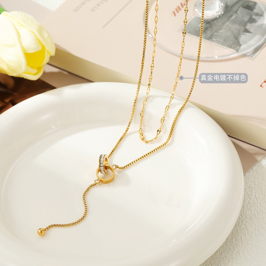 สร้อยคอโซ่เหล็กไทเทเนียม ทอง 18k ฝังเพทาย สองชั้น สไตล์โรมัน ราคา ถูกที่สุด ดีลบีเคเค แกลเลอรีภาพที่ 2