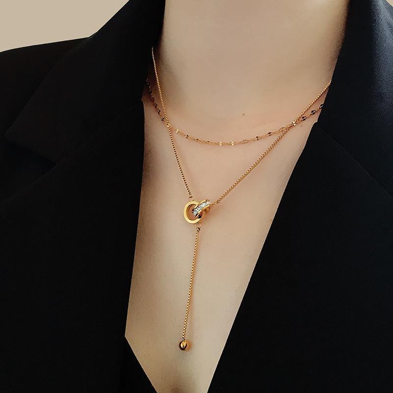 สร้อยคอโซ่เหล็กไทเทเนียม ทอง 18k ฝังเพทาย สองชั้น สไตล์โรมัน ราคา ถูกที่สุด ดีลบีเคเค แกลเลอรีภาพที่ 7