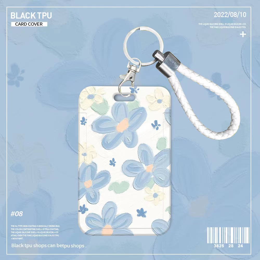 กระเป๋าใส่นามบัตร บัตรรถบัส ลายภาพวาดสีน้ํามัน รูปดอกไม้ สีฟ้า สําหรับนักเรียน โรงอาหาร บัตรประจําตัวประชาชน