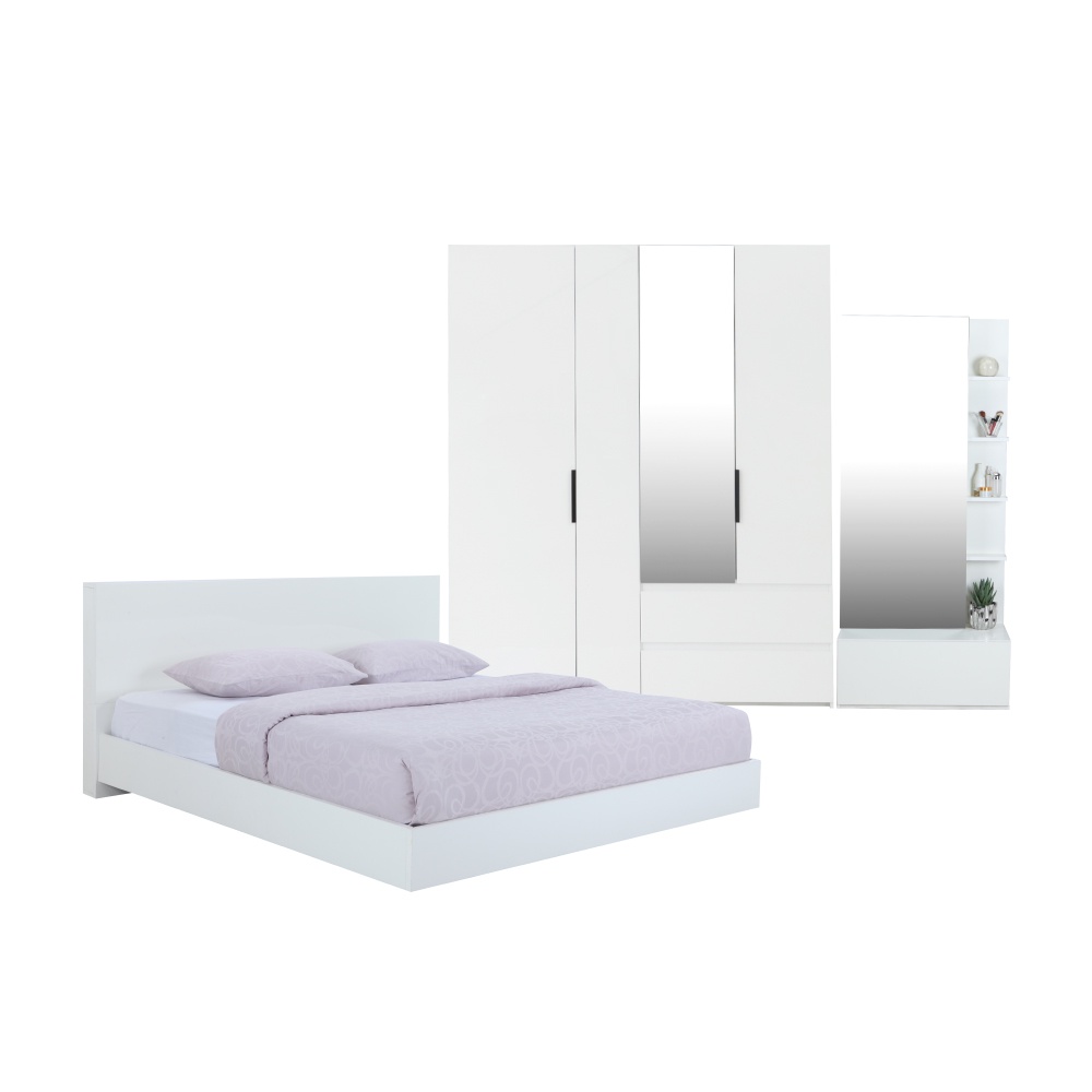 INDEX LIVING MALL ชุดห้องนอน รุ่นแมสซิโม่+แมกซี่ ขนาด 6 ฟุต (เตียงนอน(พื้นเตียงซี่)+ตู้เสื้อผ้า 4 บาน พร้อมกระจกเงา+โต๊ะเครื่องแป้ง) - สีขาว