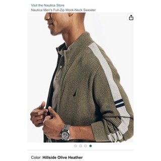 Nautica Mens Full-Zip Mock-Neck Sweater, Hillside Olive Heather เสื้อ สเวตเตอร์ กันหนาว ผู้ชาย นันธิกา