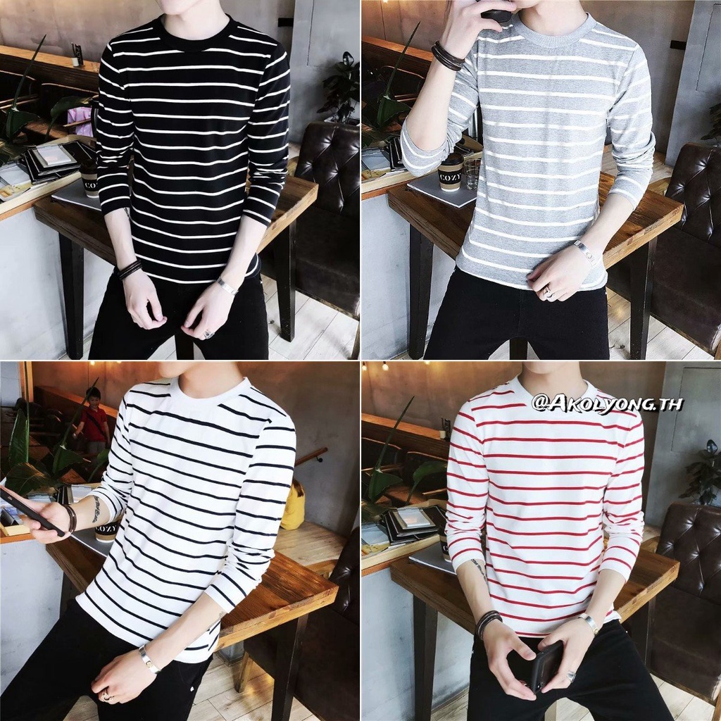 เสื้อยืดกันหนาว แขนยาว ลายทาง ทรงหลวม สไตล์เกาหลี สําหรับเด็กผู้ชาย