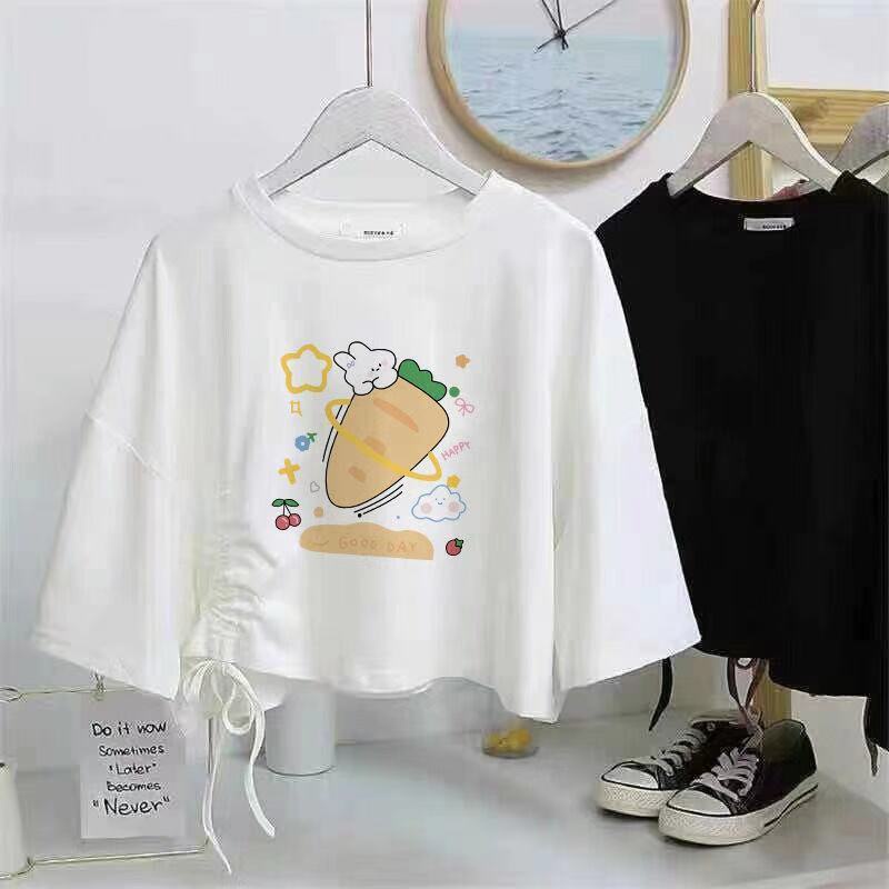 FF.shop- เสื้อยืดแขนสั้น 15ลาย ครอปแขนสั้นคอกลม ทรงหลวม เเต่งเชือกรูดข้างๆเก๋ แขนสามส่วน #A32 - รูปที่ 2