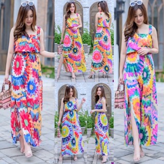 🍁🍁14280🍁🍁 Set #สาวอวบ เสื้อสายเดี่ยวสายย่น+กระโปรงผ่าข้าง ลายมัดย้อม