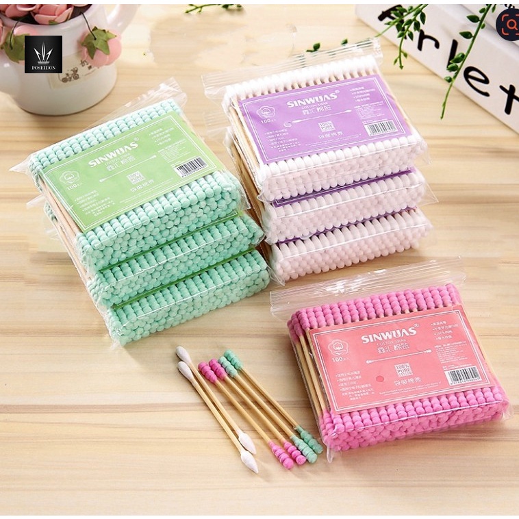 คอตตอนบัด 100 ก้าน (แพ็คเดี่ยว) Cotton buds สำลีปั่นหูด้ามไม้ สำลีไม้ สำลีก้าน สำลีเช็ดเครื่องสำอาง