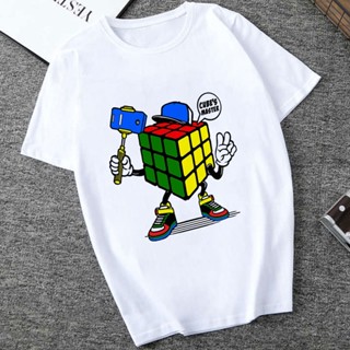 ถูกที่สุด  T-Shirts Rubik&amp;#39;s Cube Printed White Short Sleeve Fashion Casual All-Match Slim Tops Crew Neck Comfortable