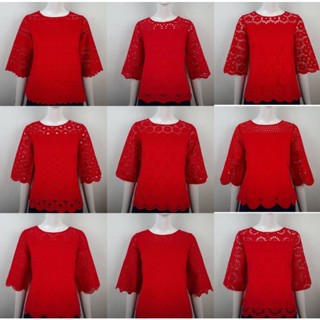เสื้อลูกไม้สีแดง แบรนด์พิ้งบูติค เนื้อผ้าคอตตอนฉลุลายเเขนตรง