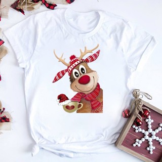 [Ready Stock] New 2022 Christmas Women Tee Shirt Cute Reindeer Print Short Sleeve White Topsเสื้อยืดผู้หญิง