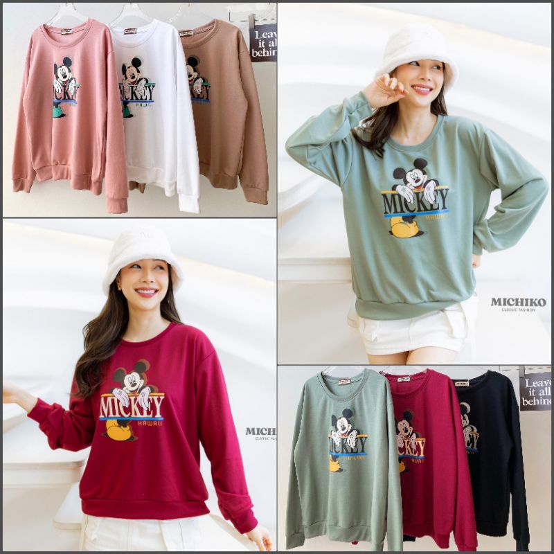 พร้อมจัดส่ง ป้าย MICHIKO เสื้อคอกลมแขนยาวสเวตเตอร์ งานสกรีน MICKEY สุดน่ารักก สไตล์โคเรีย