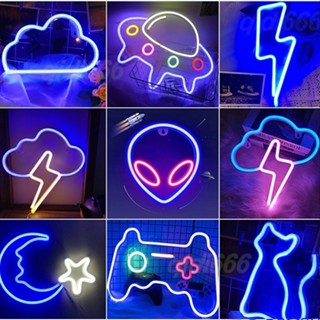 UFO GAME Lighting alien ป้ายไฟนีออน LED สีน้ำเงิน โคมไฟตกแต่งใช้ USB หรือแหล่งจ่ายไฟแบตเตอรี่สำหรับห้องเล่นเกม ตกแต่งผนังและบาร์ตกแต่ง