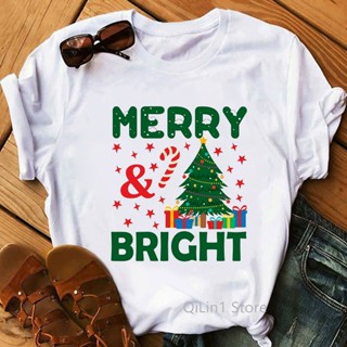 Merry And Bright Shirt Womens Clothes Xmas Tree Print Lady Party Clothes Top Female Winter Holidays Christmas Gift New