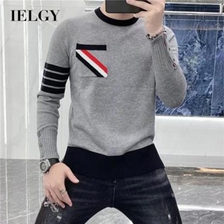 Ielgy เสื้อกันหนาว คอกลม แขนยาว ผ้าถัก ลายทาง ทรงสลิม สําหรับผู้ชาย