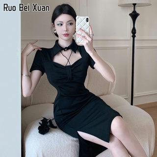 RUO BEI XUAN เดรสผู้หญิง โปโลคอกลวงขั้นสูง เดรสเข้ารูปพอดีสะโพก