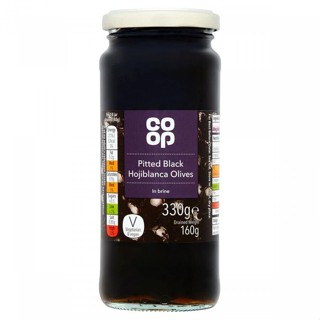 PITTED BLACK HOJIBLANCA OLIVES IN BRINE Co-Op 330 G