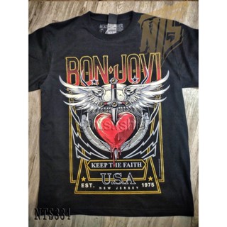 BON JOVI Keep The Faith เสิ้อยืดดำ เสื้อยืดชาวร็อค เสื้อวง New Type System  Rock brand Sz. S M L XL XXLเสื้อย_17