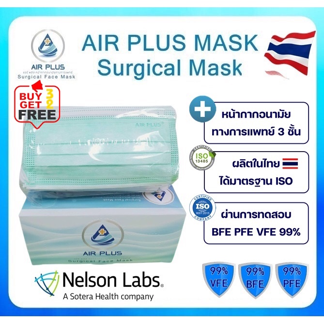 💥(Air Mask-สีเขียว) หน้ากากอนามัยงานดี มีอย.ปลอดภัย💥AIR PLUS MASK หน้ากากอนามัยทางการแพทย์ 3 ชั้น/สีเขียว-1กล่อง(50ชิ้น)