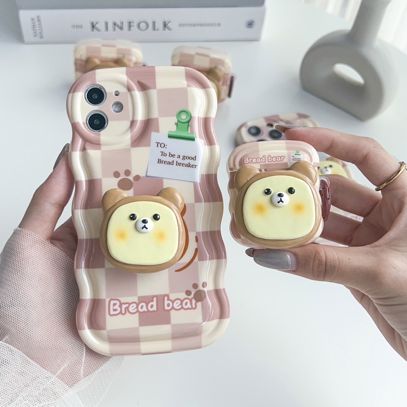 พร้อมส่งในไทย🧸 T4S120&amp;A4 Set Case หมีนูน Bread bear เคสสำหรับ iPhone+AirPods case เคสหมีนูน+ไอริง 11-14Promax,GenPro2