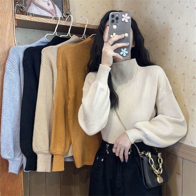 เสื้อกันหนาว คอเต่า แขนทรงโคมไฟ แบบสวมหัว ออกแบบดี แฟชั่นฤดูใบไม้ร่วง และฤดูหนาว สําหรับผู้หญิง