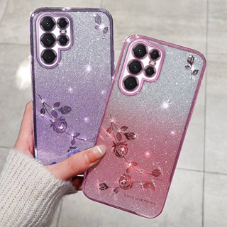 เคสโทรศัพท์มือถือ ซิลิโคนนุ่ม TPU ใส แต่งกลิตเตอร์ พลอยเทียม ระยิบระยับ ลายดอกกุหลาบ ระยับ แฟชั่น สําหรับ Samsung Galaxy S23 Ultra Plus S23+ 5G