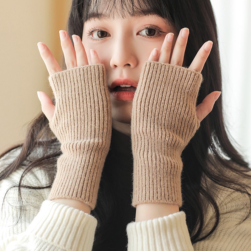 ถุงมือครึ่งนิ้ว ผ้าวูล แบบถักนิตติ้ง ให้ความอบอุ่น เหมาะกับฤดูหนาว สําหรับผู้หญิง และผู้ชาย