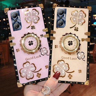 2022 New เคสโทรศัพท Infinix HOT 20 Free Fire HOT20 5G HOT 20i 20S 20 Play Fashion Straight Sided Square with Rhinestone Clover Bracket Hard Case Shockproof Cover เคส HOT20i