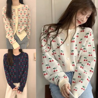 900Shop📌เสื้อคาร์ดิแกนกันหนาว ผ้าหนานุ่มลายเชอรี่ 2 สี ผ้าไหมพรม