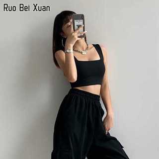 RUO BEI XUAN เสื้อสายเดี่ยวสตรีสีทึบสายรัดไหล่กว้างด้านล่างกีฬาด้านบน