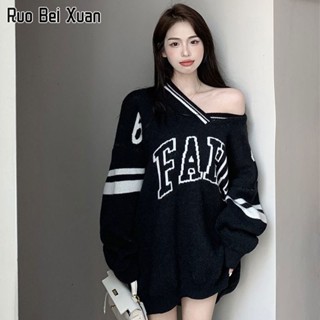 RUO BEI XUAN เสื้อสเวตเตอร์ผู้หญิง 2023 เสื้อสเวตเตอร์ถักใหม่ทรงหลวมคอวีถักด้านบน