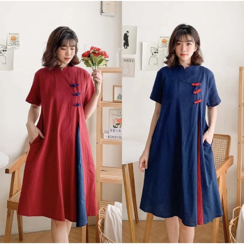 Chongsam Dress Premium (READY NAVY)