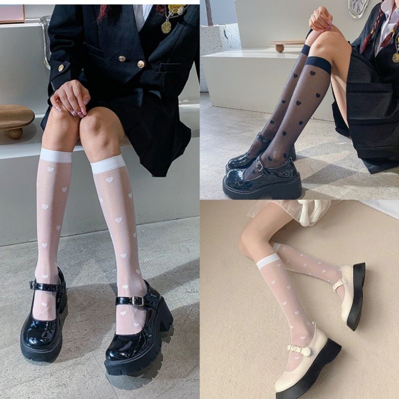 #พร้อมส่ง NEW ถุงน่องยาวใต้เข่า บางพิเศษ ระบายอากาศได้ดี ลายหัวใจน่ารัก/ลายจุดเล็ก สไตล์ญี่ปุ่น แฟชั่นโลลิต้า