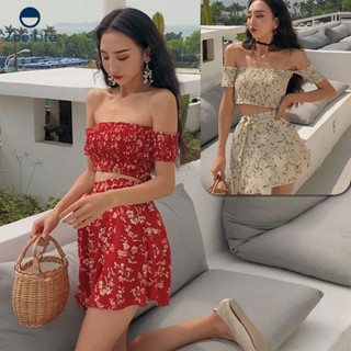 เสื้อเชิ้ตแขนสั้น + กระโปรงเอวสูง  ชุด 2 ชิ้นที่สะดวกสบายและเซ็กซี่  ชุดเซ็ทเเฟชั่นใส่เที่ยว ใส่ไปทะเล