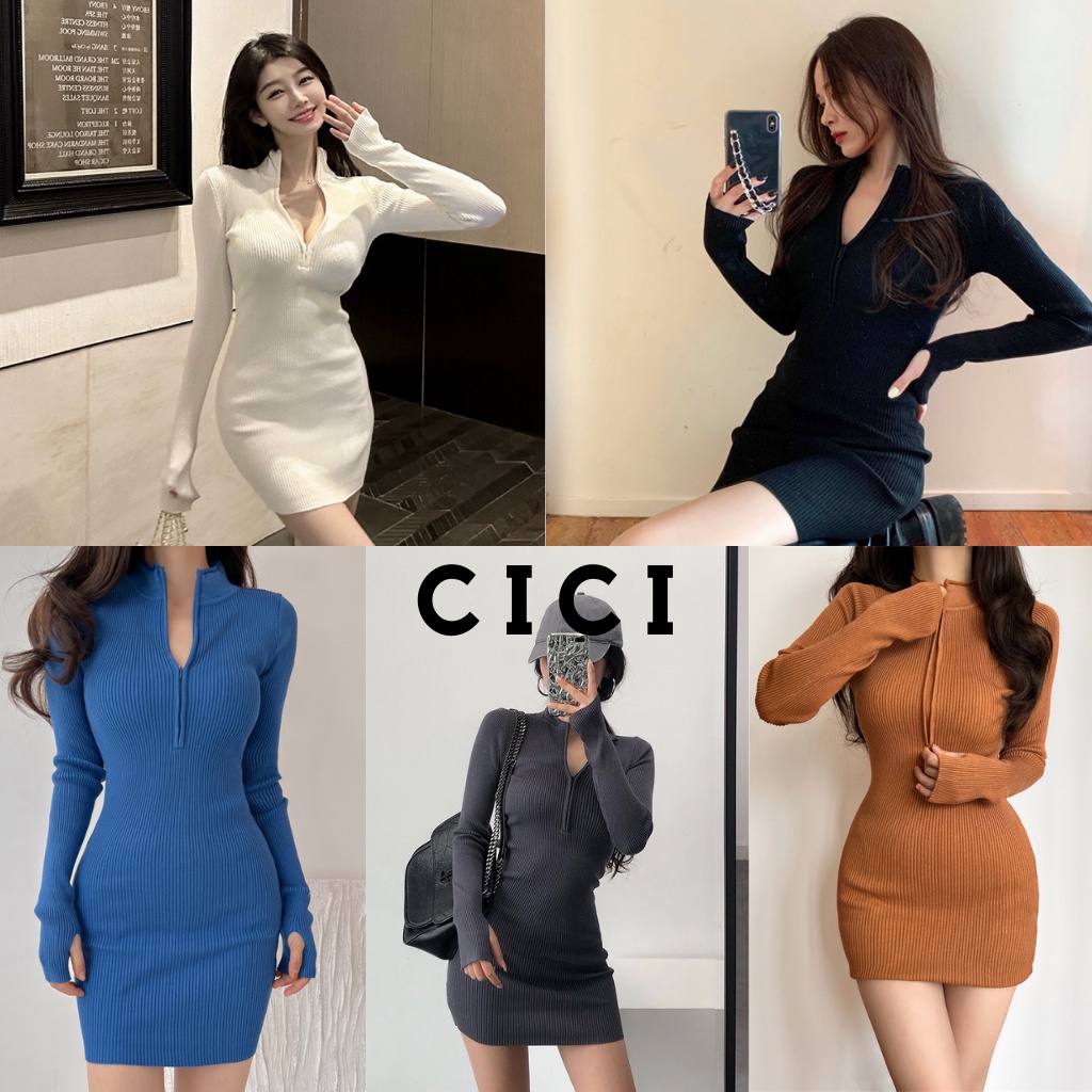 ส่งทันที Cici(NO. 03005)ชุดเดรสแขนยาวไหมพรมคอปกมีซิปหน้ามีดีเทลรูนิ้วสอดเกาหลีสุดเข้ารูปใส่แล้วเพียวมาก