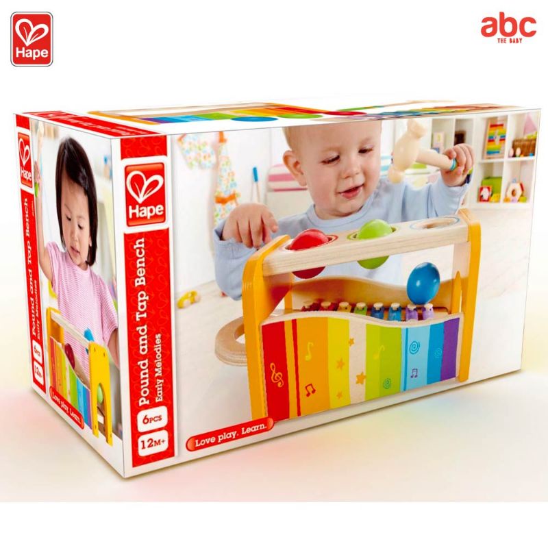 Hape - Toddler Music เครื่องตีจังหวะดนตรี Pound and Tap Bench (12M+) Xylophone ค้อนตีลูกบอล - E0305