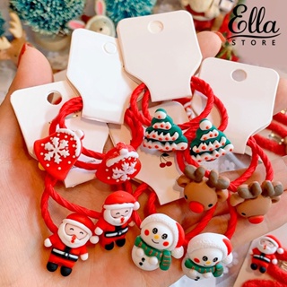 Ellastore123 ยางรัดผม รูปซานตาคลอส สโนว์แมน สโนว์แมน กวางเรนเดียร์ ต้นไม้ ยืดหยุ่น เครื่องประดับ สําหรับตกแต่งผมเด็ก 2 ชิ้น