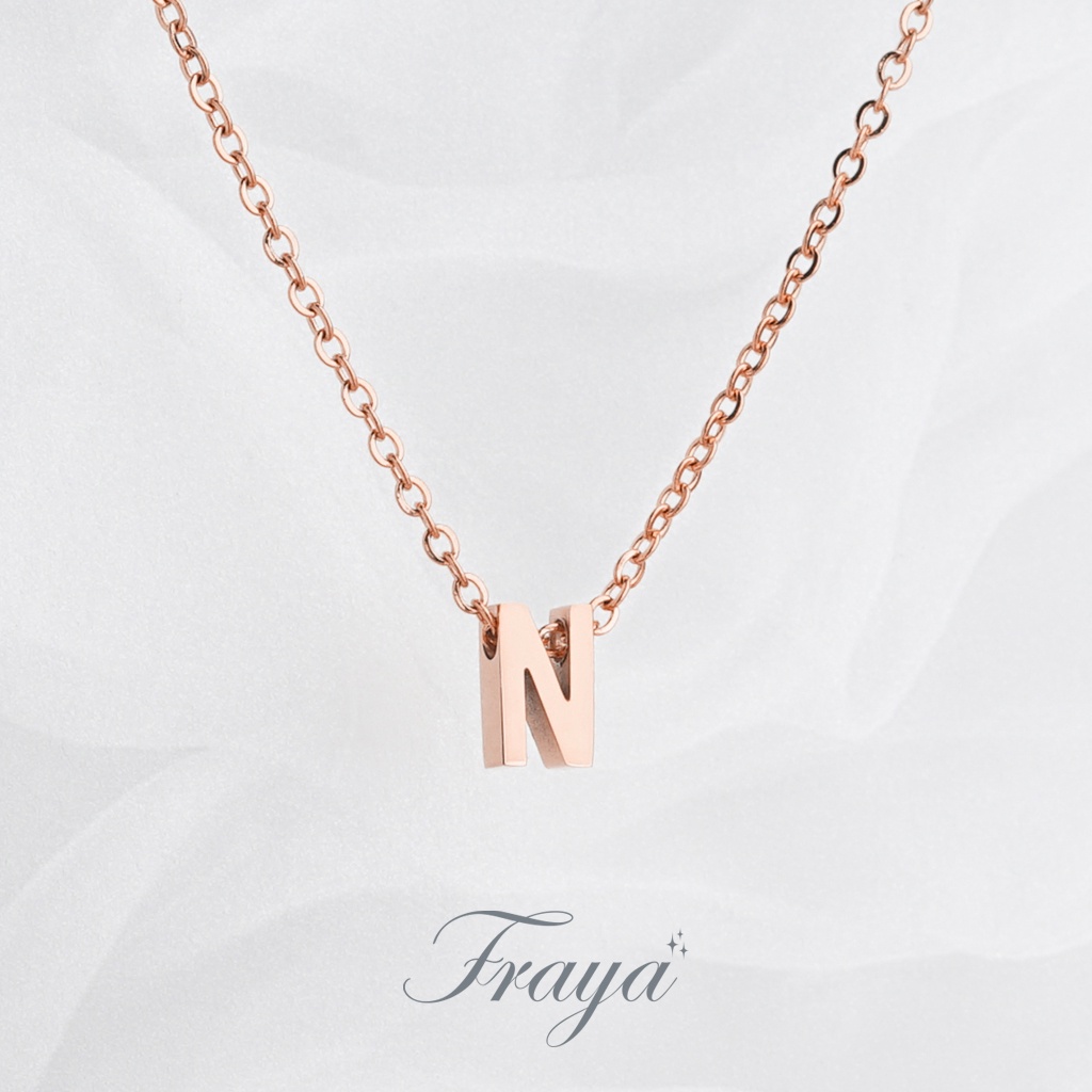 Fraya สร้อยคอตัวอักษร สีพิ้งโกล ตัวพิมพ์ใหญ่ N-Z สแตนเลส เลือกความยาว DIY มินิมอล ไม่ลอกไม่ดำ ลงทะเล โดนน้ำหอมได้