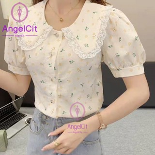 Angelcity ※ เสื้อเชิ้ตแขนสั้น ผ้าชีฟอง คอตุ๊กตา ลายดอกไม้ แฟชั่นฤดูร้อน สําหรับผู้หญิง 2022