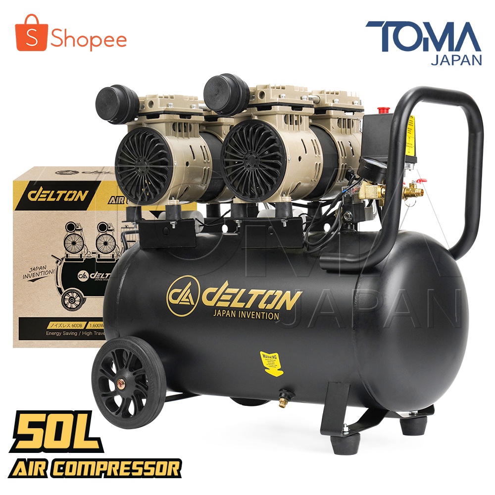 DELTON ปั๊มลม Oil Free ปั๊มลมออยล์ฟรี 50 ลิตร 1,600W รุ่น DTN-50L ปั้มลม มอเตอร์คู่ Twin Turbo ไม่ใช้น้ำมัน เติมลมได้เร็ว แรง เสียงเงียบ Air Compressor 50L